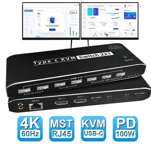 Main image of 8K USB-C KVM Switch 2X1, 2 Port Type-C KVM Switch 8K 60Hz 2 Port Box 4K 120Hz Support 2Port 100W Power Delivery for 2 Computers Share 1 Monitor(DP/HDMI Output),3.5mm Audio, RJ45 and 7 USB Devices