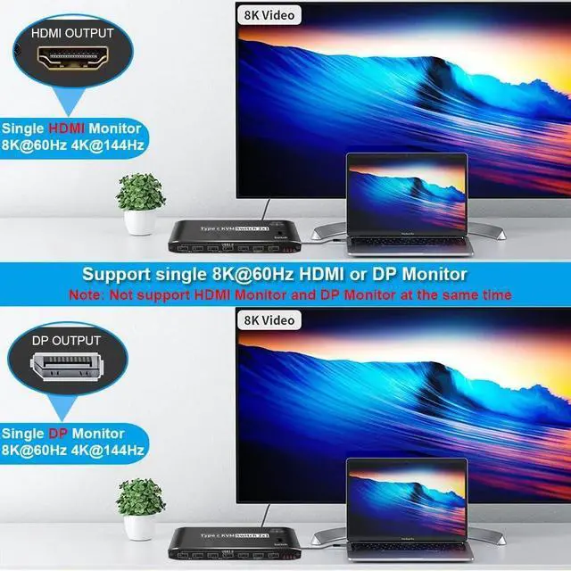 Alt view image 5 of 7 - 8K USB-C KVM Switch 2X1, 2 Port Type-C KVM Switch 8K 60Hz 2 Port Box 4K 120Hz Support 2Port 100W Power Delivery for 2 Computers Share 1 Monitor(DP/HDMI Output),3.5mm Audio, RJ45 and 7 USB Devices