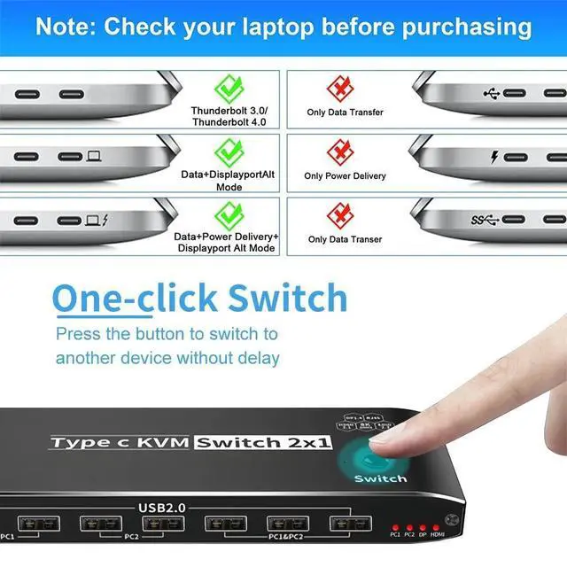 Alt view image 6 of 7 - 8K USB-C KVM Switch 2X1, 2 Port Type-C KVM Switch 8K 60Hz 2 Port Box 4K 120Hz Support 2Port 100W Power Delivery for 2 Computers Share 1 Monitor(DP/HDMI Output),3.5mm Audio, RJ45 and 7 USB Devices