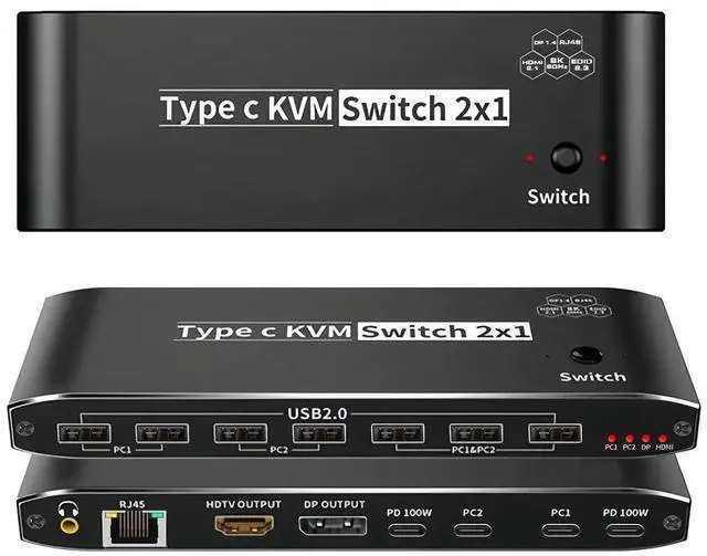 Main image of WRIARICH USB-C 8K KVM Switch 2 PC Input 1 DP/HDMI Monitor Output, 8K@60Hz 4K@144Hz 2-Port 100W PD with 7 USB2.0 Port,3.5mm Audio Jack RJ45 2 PC Sharing one USB Keyboard Mouse U disks