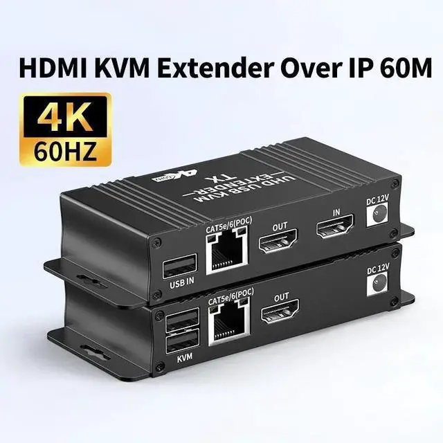 Main image of WRIARICH HDMI KVM USB Extender 4K@60Hz Over Cat5e/6 Ethernet Cable 60m (196ft) for Mouse and Keyboard Control Remote Signals (Transmitter and Receiver)