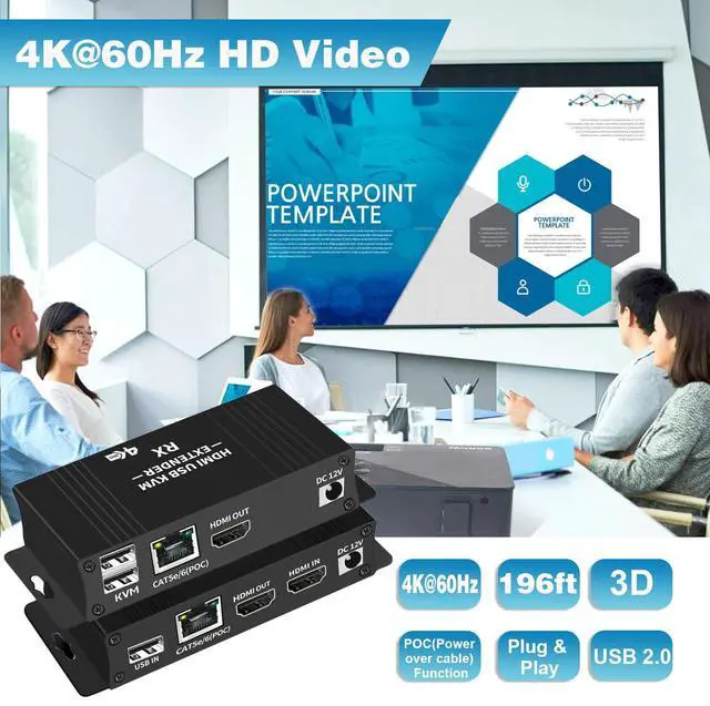 Alt view image 2 of 7 - WRIARICH 4K@60Hz HDMI KVM USB Extender Over Cat 5e/6 up to 60M(196ft), KVM Extender Over IP Zero Latency Support All System, Plug & Play, 2 Ports USB2.0 (Transmitter and Receiver)