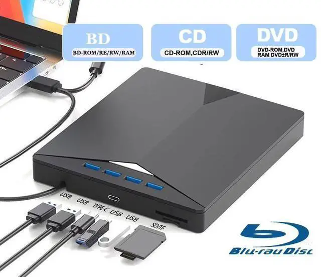 Main image of WRIARICH 6 in 1 External Blu ray Drives Player Read Support CD/DVD/BD Drive Read/Write, Compatible with USB 3.0 / Type-C CD/DVD/Blu-ray Player Burner for pc, Windows 7/8/10/11 & Ma