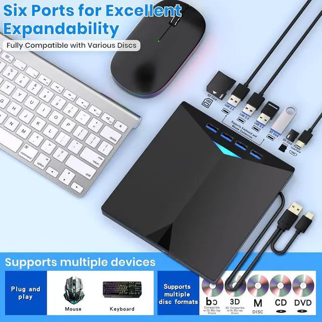 Alt view image 5 of 7 - WRIARICH 6 in 1 External Blu ray Drives Player Read Support CD/DVD/BD Drive Read/Write, Compatible with USB 3.0 / Type-C CD/DVD/Blu-ray Player Burner for pc, Windows 7/8/10/11 & Ma