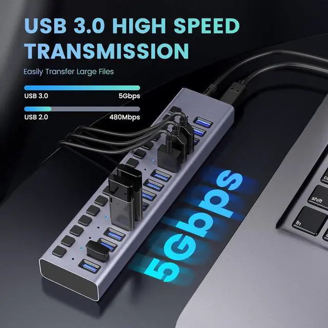 Alt view image 2 of 7 - Powered USB Hub, 16-Port USB Splitter Hub (16 Data HUB and Charging Port) with Individual LED On/Off Switches, USB Hub 3.0 Powered with Power Adapter for Mac, PC