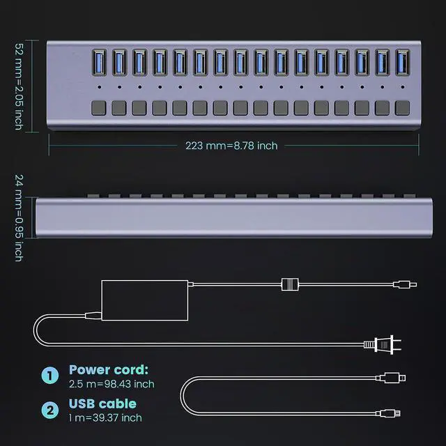 Alt view image 7 of 7 - Powered USB Hub, 16-Port USB Splitter Hub (16 Data HUB and Charging Port) with Individual LED On/Off Switches, USB Hub 3.0 Powered with Power Adapter for Mac, PC