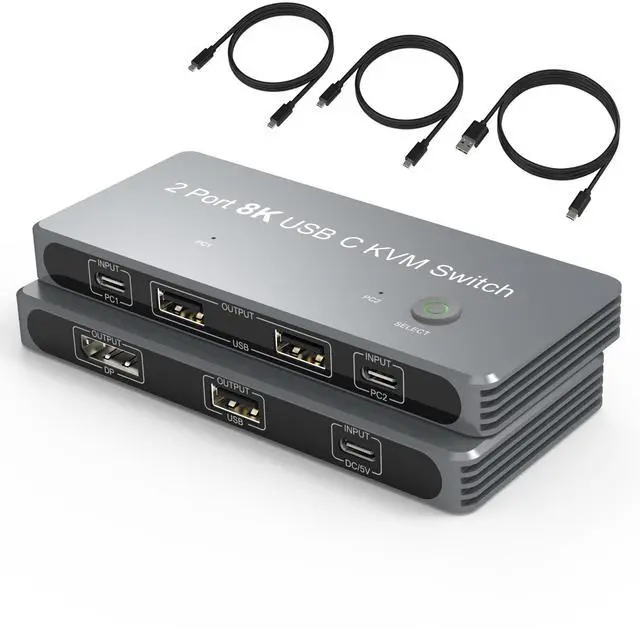 Main image of WRIARICH 2PC USB C KVM Switch One DP Monitor 2 Port 4K@60Hz USB KVM Switch 8K@60Hz DisplayPort 2PC Input 1 DisplayPort Output and USB 2.0 Hub, PC Monitor Keyboard Mouse Switcher