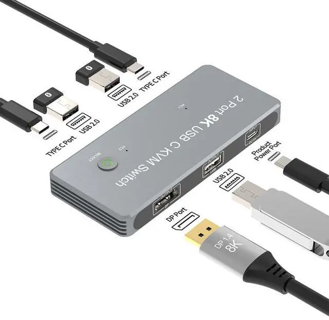 Main image of WRIARICH 2PC USB C KVM Switch One DP Monitor 8K@60Hz, 2xUSB-C PC to One DisplayPort Monitor, PC Screens Keyboard Mouse Switcher 2 in 1 Out with Button Switch, PC Monitor Keyboard Mouse Switcher
