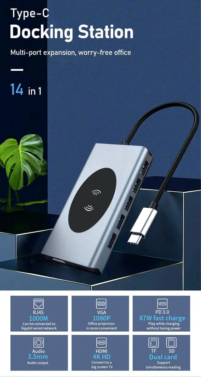 Alt view image 3 of 7 - USB C Hub,14 in 1 Type C Adapter Docking Station with VGA Dual HDMI,Wireless Charging, 100W Power Delivery,1000Mbps Port and 5 USB3.0 Data Ports and TF Card Slot, 3.5mm Audio (VGA + 2HDMI Hub)