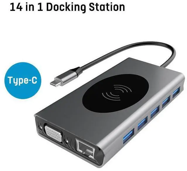 Main image of USB C Docking Station Adapter, 14 in 1 Triple Display Multiport Dongle, Type C Hub with Wireless Charging,VGA,Gigablit, Dual HDMI, 100W PD, 5USB3.0 ,3.5mm Audio and SD/TF Card Reader for HP/Dell