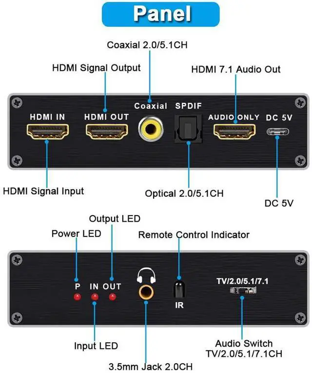 Alt view image 2 of 7 - HDMI Audio Extractor, 8K 60Hz Audio Extractor HDMI2.1 Splitter Audio Converter,HDMI + Optical Toslink SPDIF + 3.5mm Audio Jack + Coaxial + 7.1Ch, Support - HDCP 2.2/2.3 - EDID,Dolby Vision,HDR 10