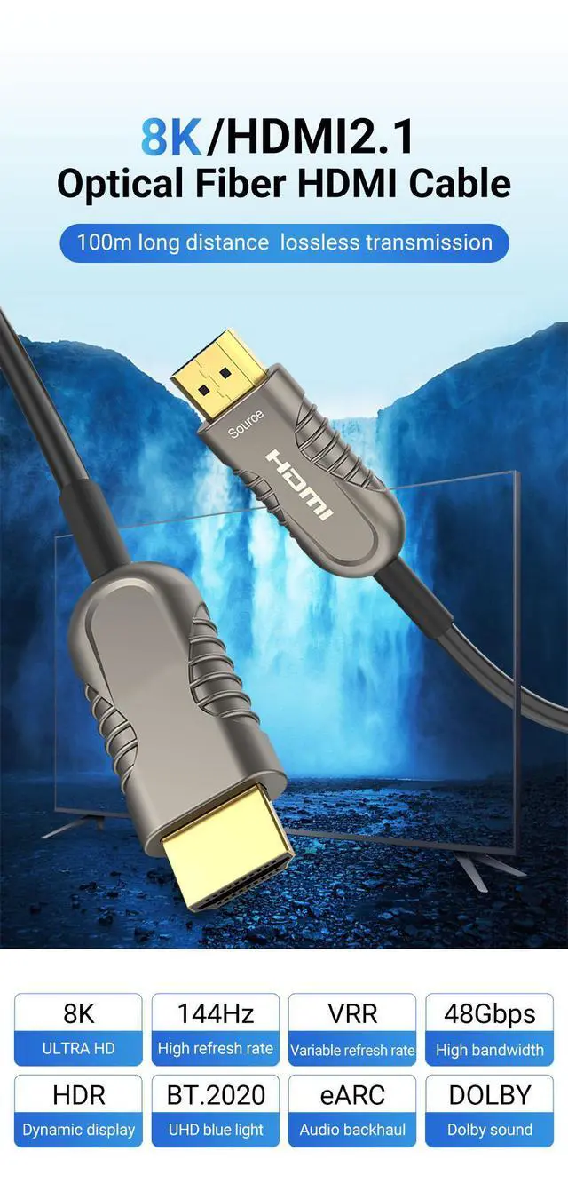 Alt view image 2 of 7 - WRIARICH 8K HDMI Cable Fiber Optic 65ft, 48Gbps Long Ultra High Speed HDMI 2.1 Cable, CL3 Rated in-Wall, 8K 60Hz 4K 120Hz, Dynamic HDR eARC HDCP 2.2&2.3 Compatible for PS5 Desktop Xbox Sony LG C9/B9