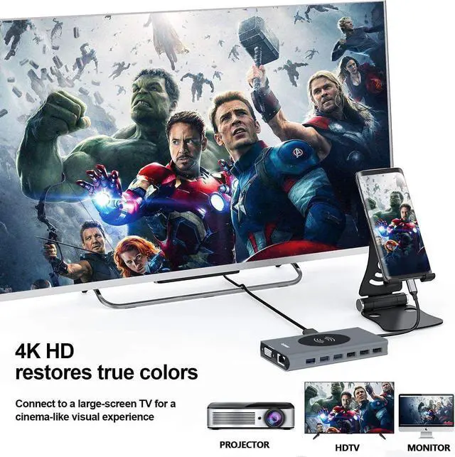 Alt view image 6 of 7 - WRIARICH USB C Docking Station Adapter, 15 in 1 Dual Display Multiport Dongle, Type C Hub with Wireless Charging,VGA,Gigablit, HDMI, 87W PD, 5 USB,3.5mm Audio and SD/TF Card Reader for HP/Dell