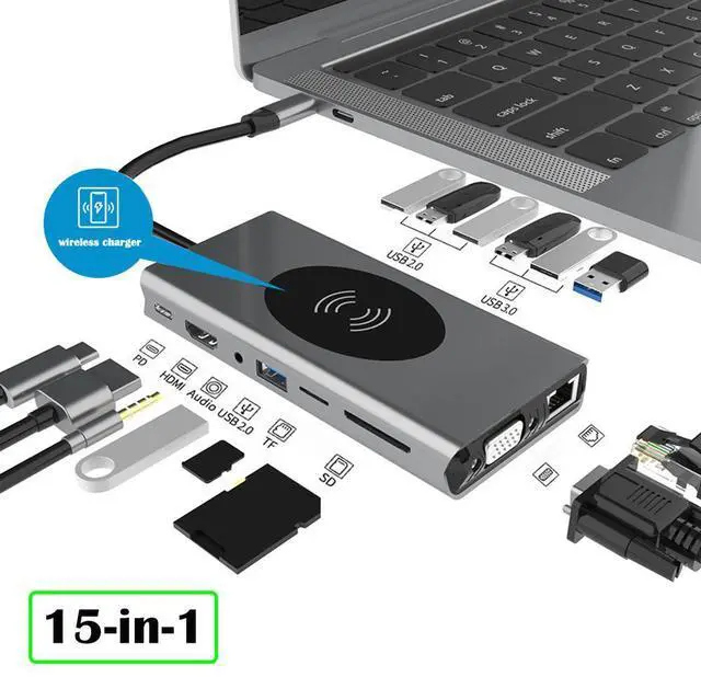 Main image of 15 in 1 Docking Station, Type C Multiport Adapter for MacBook Pro/Air, Mac Dongle with Wireless Charging,HDMI, Gigabit, VGA, PD Port, 7 USB 3.0/2.0, SD/TF Card Reader and Mic/Audio,87W Power Delivery