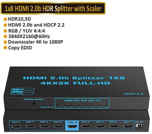 Main image of WRIARICH 4K Pro 1x8 HDMI Splitter - HDR, 18Gbps, 4K 60Hz, RGB 4:4:4, with HDCP 2.2 Support (Compatible with PS4/5 Xbox Apple TV Fire Stick Roku Blu-Ray Player)