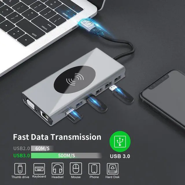 Alt view image 4 of 7 - WRIARICH Dual Display USB Type C HUB with to VGA HDMI, Displayport, PD3.0, Ethernet, 7 USB Ports, SD/TF,Wireless Charging Multiport Adapter Docking Station Dongle for MacBook Air Pro and More