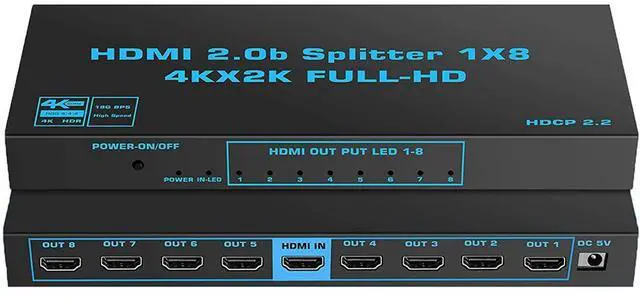 Main image of WRIARICH 4K 60Hz HDMI Splitter 1 in 8 Out HDMI2.0 8 Port Splitter with US Adapter for Computer MacBook Xbox 360 Xbox One PS5/4 Blu-Ray DVD (1in 8out)