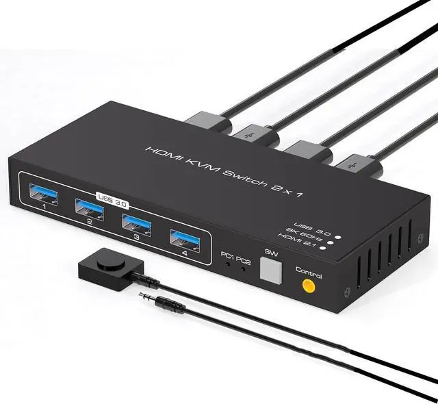 Main image of WRIARICH KVM Switch HDMI - HDMI KVM Switch for 1 Monitor 2 Computers to Share Mouse, Keyboard, Printer, USB 3.0 Device and Ultra HD Monitor, Support 8K@60Hz with Wired Controller