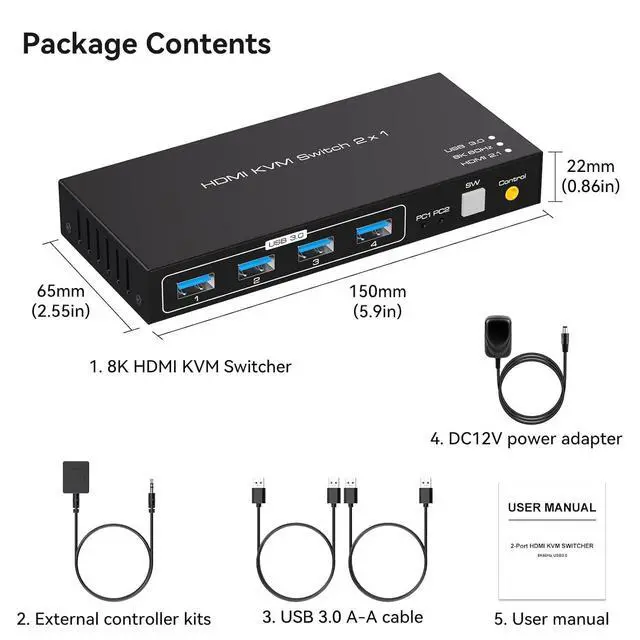 Alt view image 7 of 7 - WRIARICH KVM Switch HDMI - HDMI KVM Switch for 1 Monitor 2 Computers to Share Mouse, Keyboard, Printer, USB 3.0 Device and Ultra HD Monitor, Support 8K@60Hz with Wired Controller