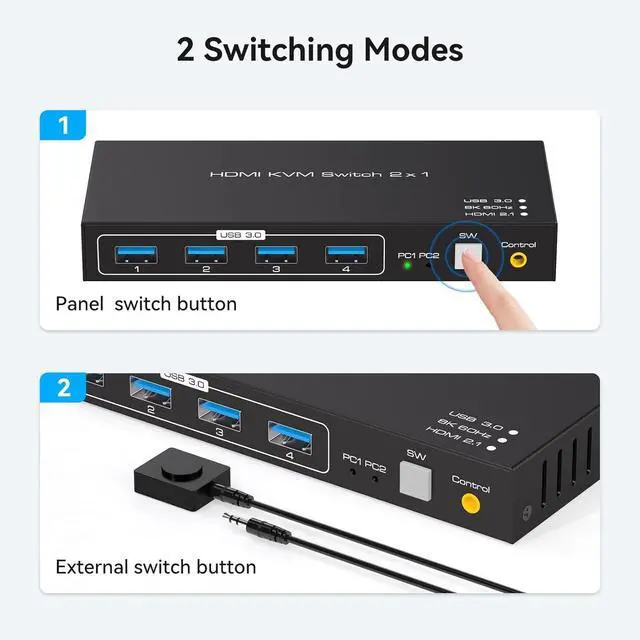 Alt view image 5 of 7 - WRIARICH 2X1 HDMI KVM Switch 1 Monitors 2 Computers Display Port 8K HDMI KVM Switch 2 Port KVM HDMI Switch 2 PC 1 Monitor 2 in 1 Out HDMI KVM, Comes with Wired Controller