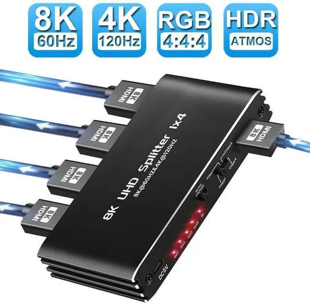 Main image of WRIARICH 8K@60Hz HDMI Splitter 1 in 4 Out, 1x4 HDMI 2.1 Splitter Support 4K@120Hz, 1080P@240Hz VRR HDCP2.3 HDR HDR10 48Gbps EDID Dolby Atmos 7.1ch