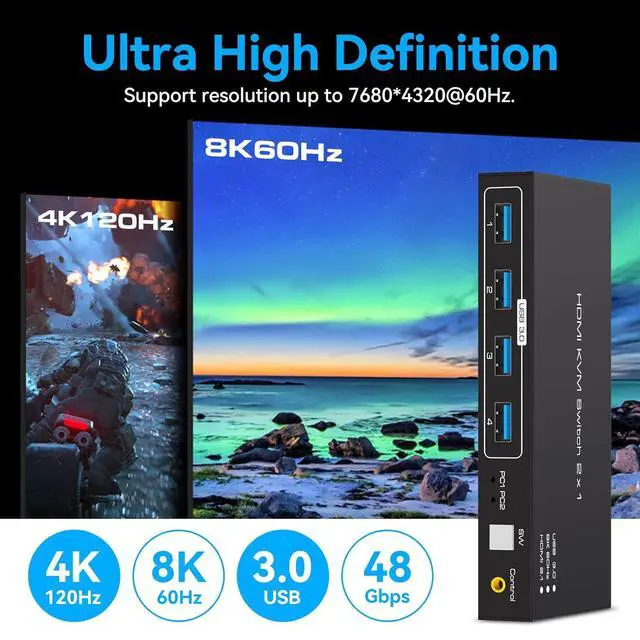 Alt view image 3 of 7 - WRIARICH 8K HDMI KVM Switch 1 Monitors 2 Computers 4 USB 3.0 Ports HDMI 2.1 Switch for 2 Computers Share Keyboard Mouse Printer and one HDMI Monitor Support 8K@60Hz 4K@244Hz, with Wired Controller