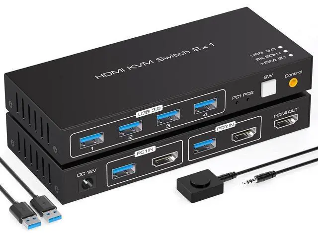Main image of WRIARICH 8K HDMI KVM Switch 1 Monitors 2 Computers 4 USB 3.0 Ports HDMI 2.1 Switch for 2 Computers Share Keyboard Mouse Printer and one HDMI Monitor Support 8K@60Hz 4K@244Hz, with Wired Controller