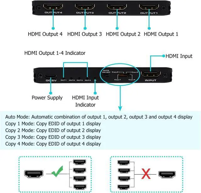 Alt view image 7 of 7 - WRIARICH 8K@60Hz HDMI Splitter 1 in 4 Out, 4K@120Hz HDMI 2.1 Splitter 1 in to 4 Identical Outputs for Dual Monitors,Support EDID, HDCP2.3, VRR ALLM,48Gbps,3D,Dol-by Vision
