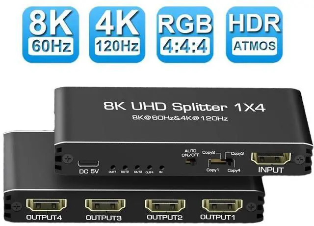 Main image of WRIARICH 8K@60Hz HDMI Splitter 1 in 4 Out, HDMI 2.1 Splitter Supports 4K@120Hz, EDID, 48 Gbps, VRR, ALLM, 3D, HDR 10, HDCP2.3, Dolby Vision Atmos, Audio Extractor, NO ARC
