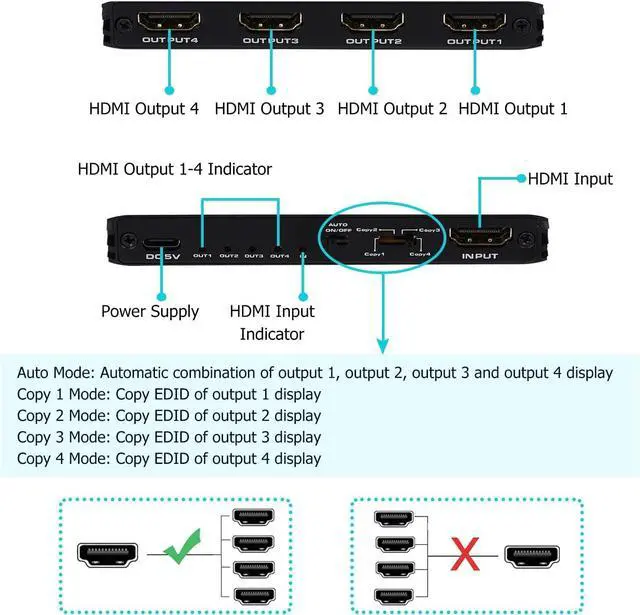 Alt view image 7 of 7 - WRIARICH 8K@60Hz HDMI Splitter 1 in 4 Out, HDMI 2.1 Splitter Supports 4K@120Hz, EDID, 48 Gbps, VRR, ALLM, 3D, HDR 10, HDCP2.3, Dolby Vision Atmos, Audio Extractor, NO ARC