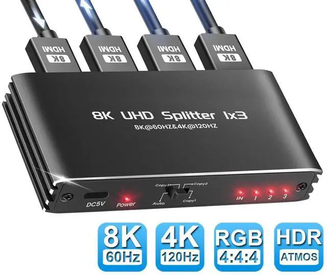Main image of WRIARICH 8K@60Hz HDMI Splitter 1 in 3 Out, 1x3 HDMI 2.1 Splitter Support 4K@120Hz, 1080P@240Hz VRR HDCP2.3 HDR HDR10 48Gbps EDID Dolby Atmos 7.1ch