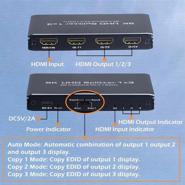 Alt view image 7 of 7 - WRIARICH 8K@60Hz HDMI Splitter 1 in 3 Out, 1x3 HDMI 2.1 Splitter Support 4K@120Hz, 1080P@240Hz VRR HDCP2.3 HDR HDR10 48Gbps EDID Dolby Atmos 7.1ch