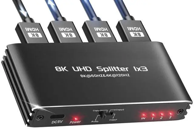 Main image of WRIARICH 8K@60Hz HDMI Splitter 1 in 3 Out, 1x3 HDMI 2.1 Splitter Support 4K@120Hz, 1080P@240Hz VRR HDCP2.3 HDR HDR10 48Gbps EDID Dolby Atmos 7.1ch, Only Duplicate/Mirror Screens Not Extend