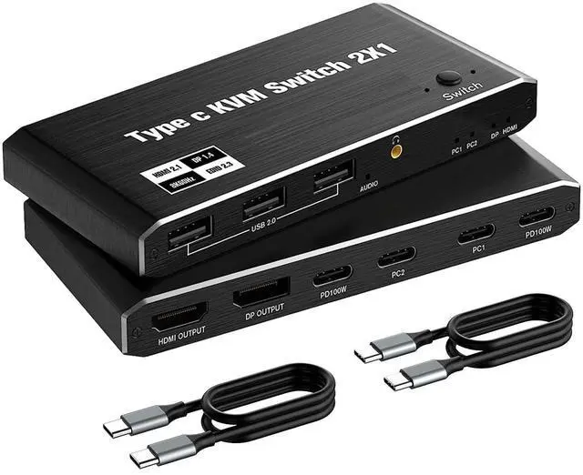Main image of WRIARICH 2 Port USB-C 8K KVM Switch 2 PC Input 1 DP/HDMI Monitor Output, 2In 1Out 8K@60Hz 4K@144Hz 2-Port 100W PD with 3 USB2.0 Port,3.5mm Audio Jack 2 PC Sharing one USB Keyboard Mouse U disks