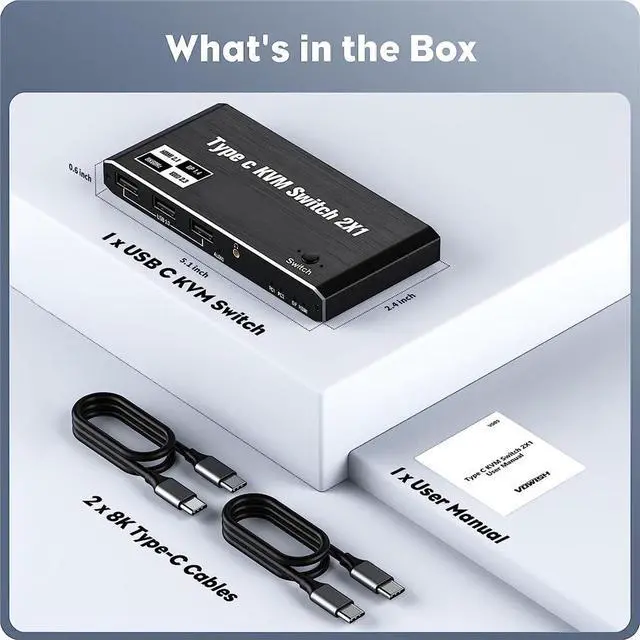 Alt view image 7 of 7 - WRIARICH 2 Port USB-C 8K KVM Switch 2 PC Input 1 DP/HDMI Monitor Output, 2In 1Out 8K@60Hz 4K@144Hz 2-Port 100W PD with 3 USB2.0 Port,3.5mm Audio Jack 2 PC Sharing one USB Keyboard Mouse U disks