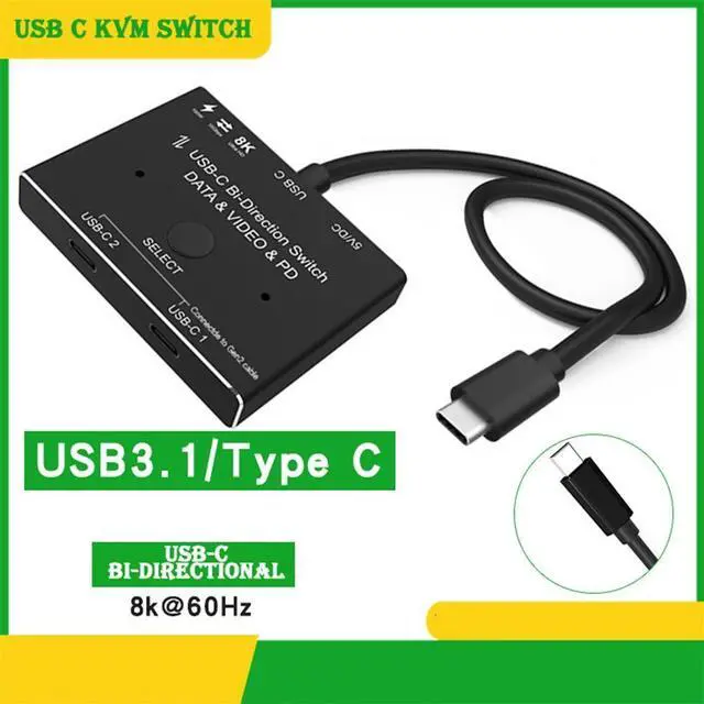 Main image of WRIARICH USB-C Switch 2 in 1 Out/1 in 2 Out Upgrade Version KVM Switch Converter Support Video Data PD 8K@30hz 100W 10Gbps Compatible with Thunderbolt Device, Black