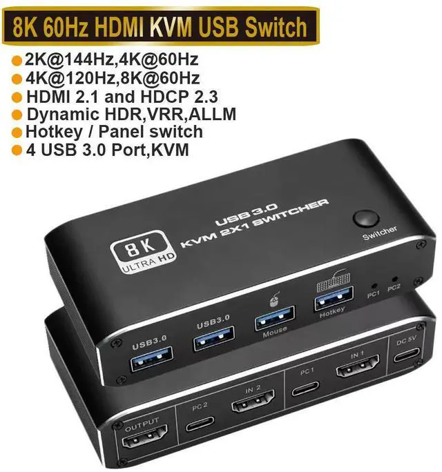 Main image of WRIARICH 8K@60Hz HDMI2.1 KVM Switch 2 Computers, 2 in 1 Out 2 Port Type-C HDMI KVM Switch with 8K HDMI, 2X USB 3.0, Keyboard Mouse, for MacBook, USB-C HDMI PC