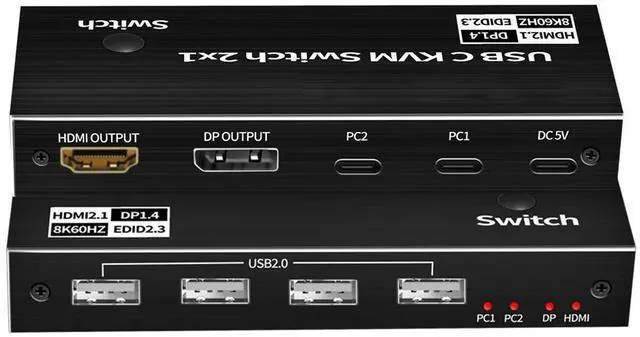 Main image of WRIARICH 2x1 USB-C KVM Switch Selector for 2 Computers Share Keyboard Mouse Printer and 1 HD 8K Monitor, 2 KVM USB-C Included