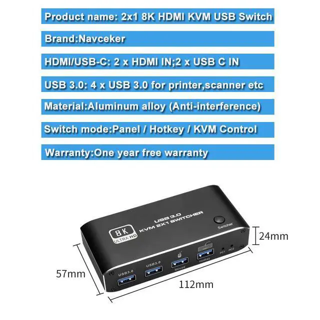 Alt view image 2 of 7 - WRIARICH 8K@60Hz HDMI KVM Switch 2 in 1 Out Box, Share 2 Computers to One Monitor USB KVM Switcher Adapter, Support Hotkey Switch, Support Wireless Keyboard and Mouse, USB Disk, Printer, USB Camera