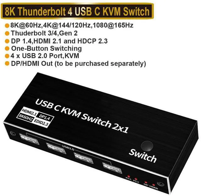Main image of WRIARICH 8K USB-C KVM Switch - 8K 60Hz USB-C HDMI/DP KVM Switch for 2 Computers 1 Monitor and 4 USB Ports to Share Mouse, Keyboard or Other USB Devices, 2 USB-C Cables Included