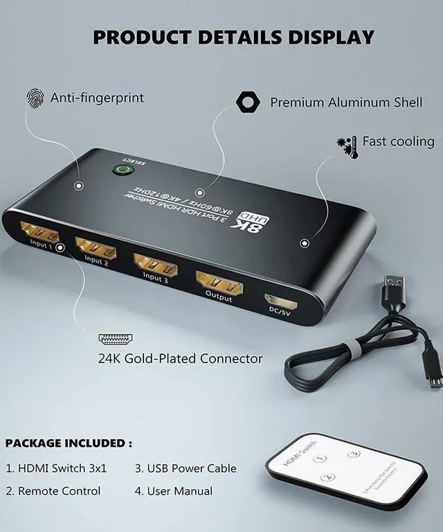 Alt view image 3 of 7 - WRIARICH HDMI 2.1 Directional Switch with Remote Control,LUOM Ultra HD 8K High Speed 48Gbps Only 3in 1out 8K@60Hz 4K@120Hz Converter Compatible with Xbox PS5 Projectors Monitors (8k hdmi 2.1 Switch)