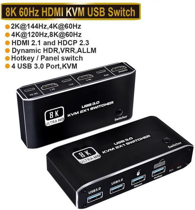 Main image of WRIARICH 8K HDMI KVM Switch 2 in 1 Out, 2 Computers 1 Monitor Share Keyboard Mouse Printer and 2usb3.0 Switcher Switch