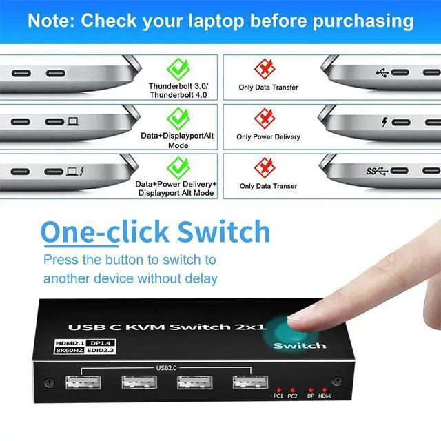 Alt view image 5 of 7 - WRIARICH 2 Port USB-C 8K KVM Switch 2 PC Input 1 DP/HDMI Monitor Output, 2In 1Out 8K@60Hz 4K@144Hz with 4 USB2.0 Port 2 PC Sharing one USB Keyboard Mouse U disks