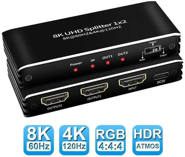 Main image of WRIARICH 4K 120Hz HDMI Splitter 1 in 2 Out,LUOM 1x2 Power HDMI Splitter 2 Ports w/AC Adapter, 8Kx2K@30Hz 3D Full HD Distributor for Xbox, PS5, Blu-Ray Player, HDTV Support 48Gbps, HDCP 2.3, RGB 4:4:4