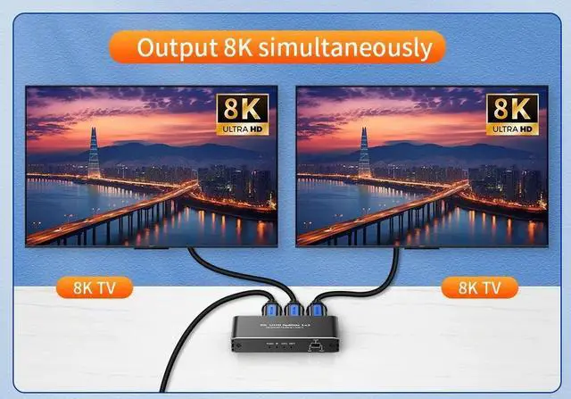 Alt view image 2 of 7 - WRIARICH 4K 120Hz HDMI Splitter 1 in 2 Out,LUOM 1x2 Power HDMI Splitter 2 Ports w/AC Adapter, 8Kx2K@30Hz 3D Full HD Distributor for Xbox, PS5, Blu-Ray Player, HDTV Support 48Gbps, HDCP 2.3, RGB 4:4:4