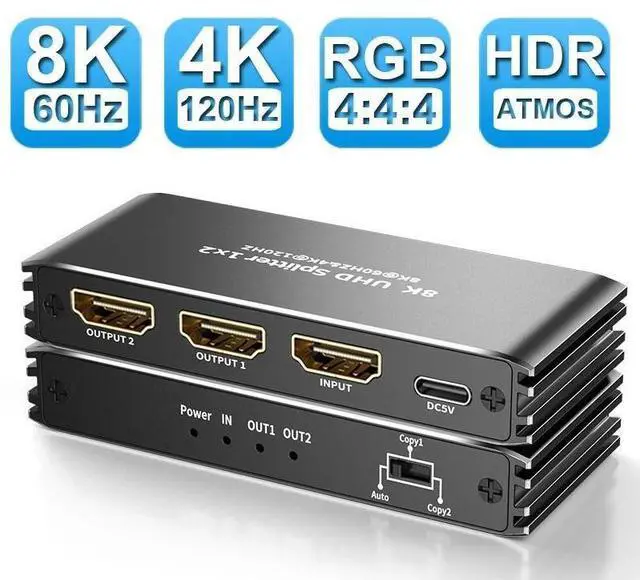 Main image of WRIARICH HDMI Splitter 1 in 2 Out -LUOM 1x2 LUOM Display Duplicate/Mirror - Powered Splitter 4K 120Hz, 8K @ 60Hz (One Input To Two Outputs) - 1 Source to 2 Identical Displays