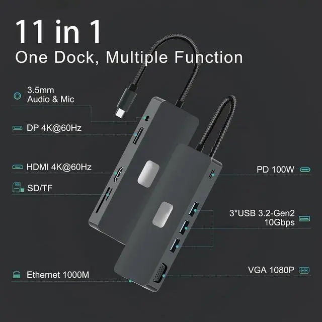 Alt view image 2 of 7 - WRIARICH USB C Docking Station, 11 in 1 USB C Hub Adapter with 4K60 HDMI, 4K60 DisplayPort, VGA, Ethernet, 3*10Gbps USB-A Ports, Audio, 100W PD, SD/TF Card Reader for MacBook Pro Air, XPS, Surface