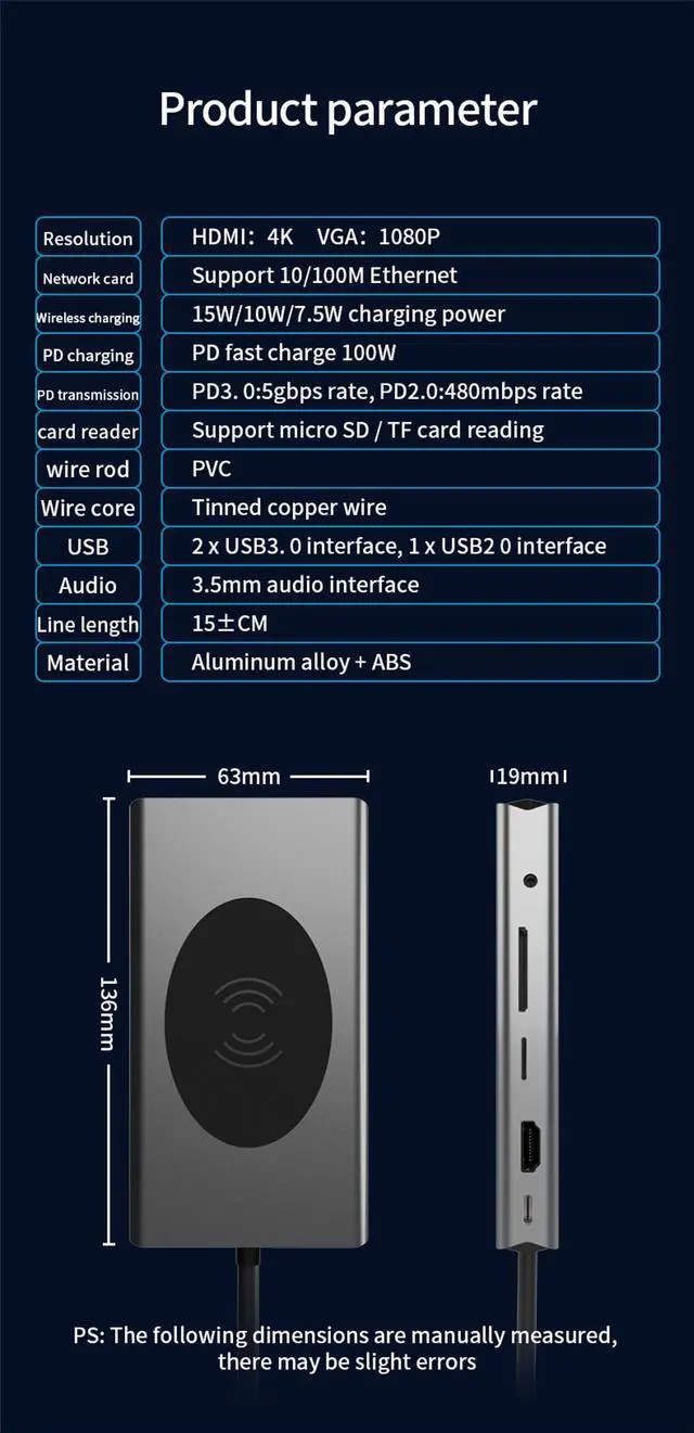 Alt view image 2 of 7 - 13 IN 1 Docking Station, Type C Multiport Adapter for MacBook Pro/Air, Mac Dongle with Wireless Charging, HDMI, RJ45 Ethernet,USB-C Data Port, VGA, USB3.0, SD/TF Card Reader and Mic/Audio,100W PD