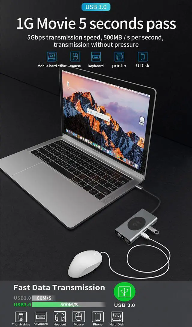Alt view image 7 of 7 - 13 IN 1 Docking Station, Type C Multiport Adapter for MacBook Pro/Air, Mac Dongle with Wireless Charging, HDMI, RJ45 Ethernet,USB-C Data Port, VGA, USB3.0, SD/TF Card Reader and Mic/Audio,100W PD