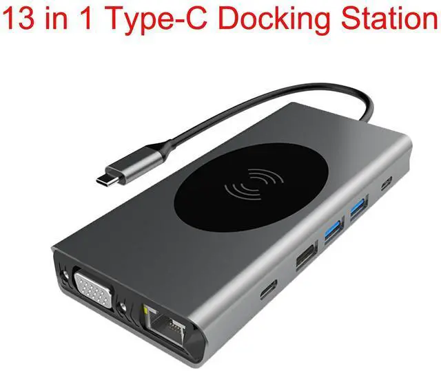 Main image of 13 IN 1 Docking Station, Type C Multiport Adapter for MacBook Pro/Air, Mac Dongle with Wireless Charging, HDMI, RJ45 Ethernet,USB-C Data Port, VGA, USB3.0, SD/TF Card Reader and Mic/Audio,100W PD